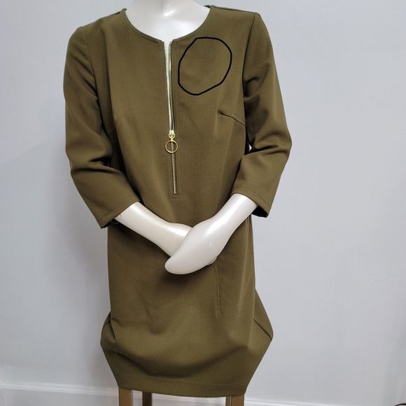 Trina Turk olive green half zip 3/4 sleeve dress size 2. - Picture 5 of 6